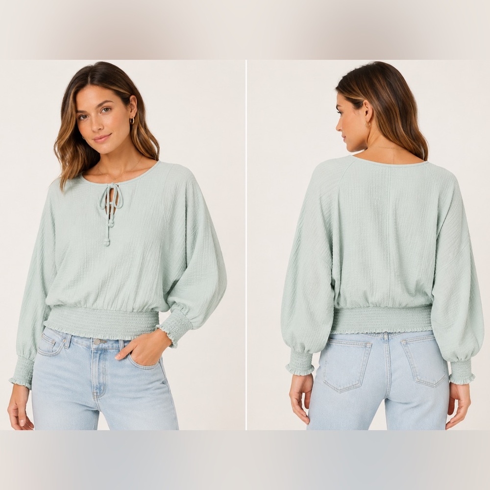 Anthropologie XS Pale Mint Smocked Dolman Tie Neck Textured Blouse Top